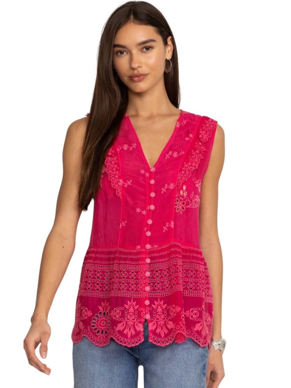Johnny Was Fuchsia Pink Embroidered Sleeveless V-Neck Blouse
